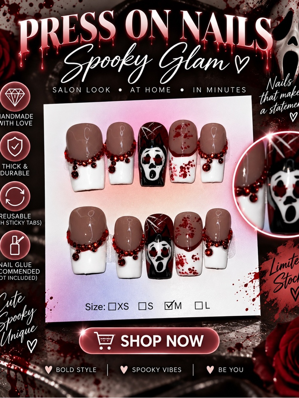 Spooky Glam Press-On Nails in Brown & White by